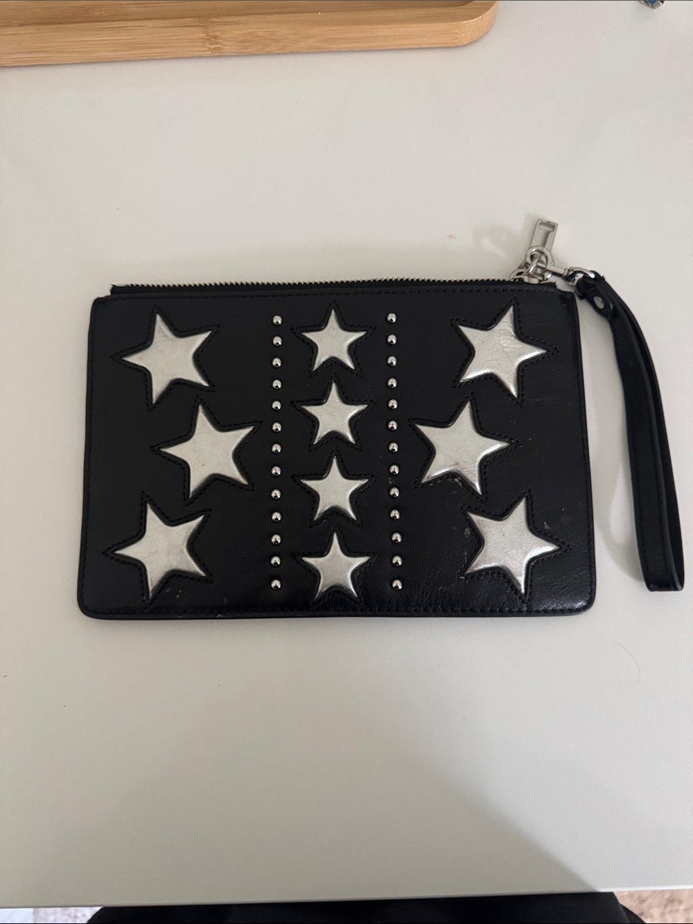 Rebecca Minkoff Black Leather Wristlet with Silver Star Accents